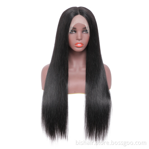 Brazilian black ladies real hair wig 28 inch straight hair 100% real human hair 13x4T partial pre-pulled mesh wig wholesaler
